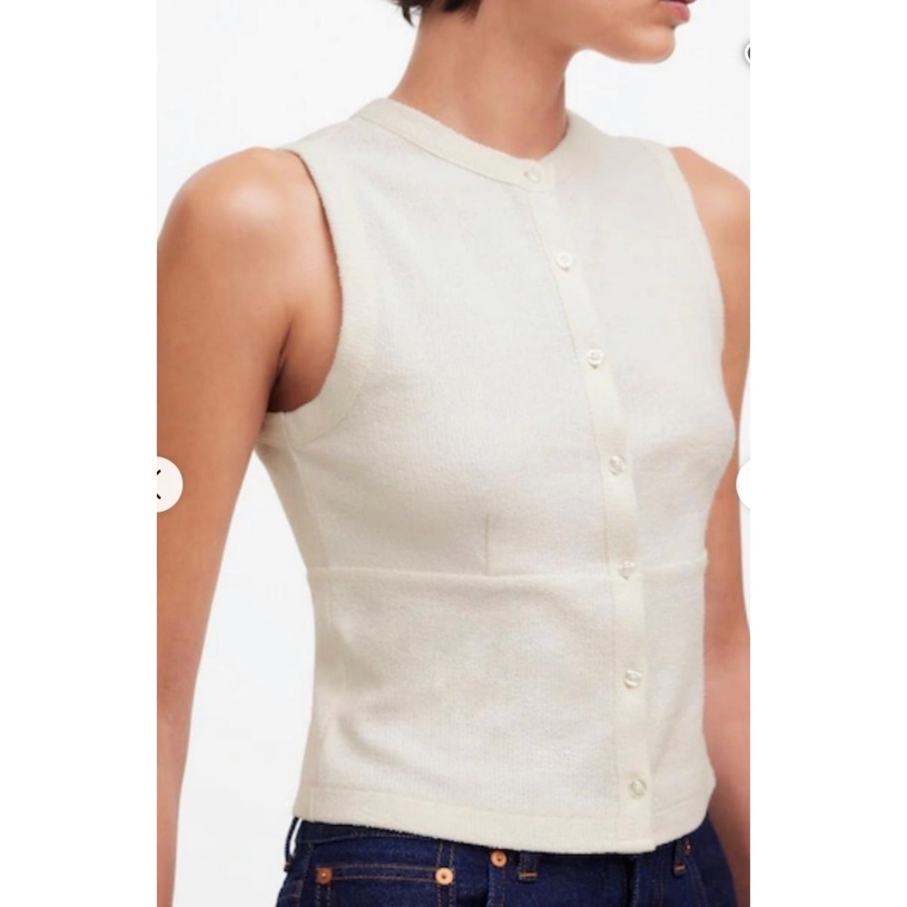 Madewell Women's XS Cream Split Crewneck Cardigan Tank White Sleeveless Button